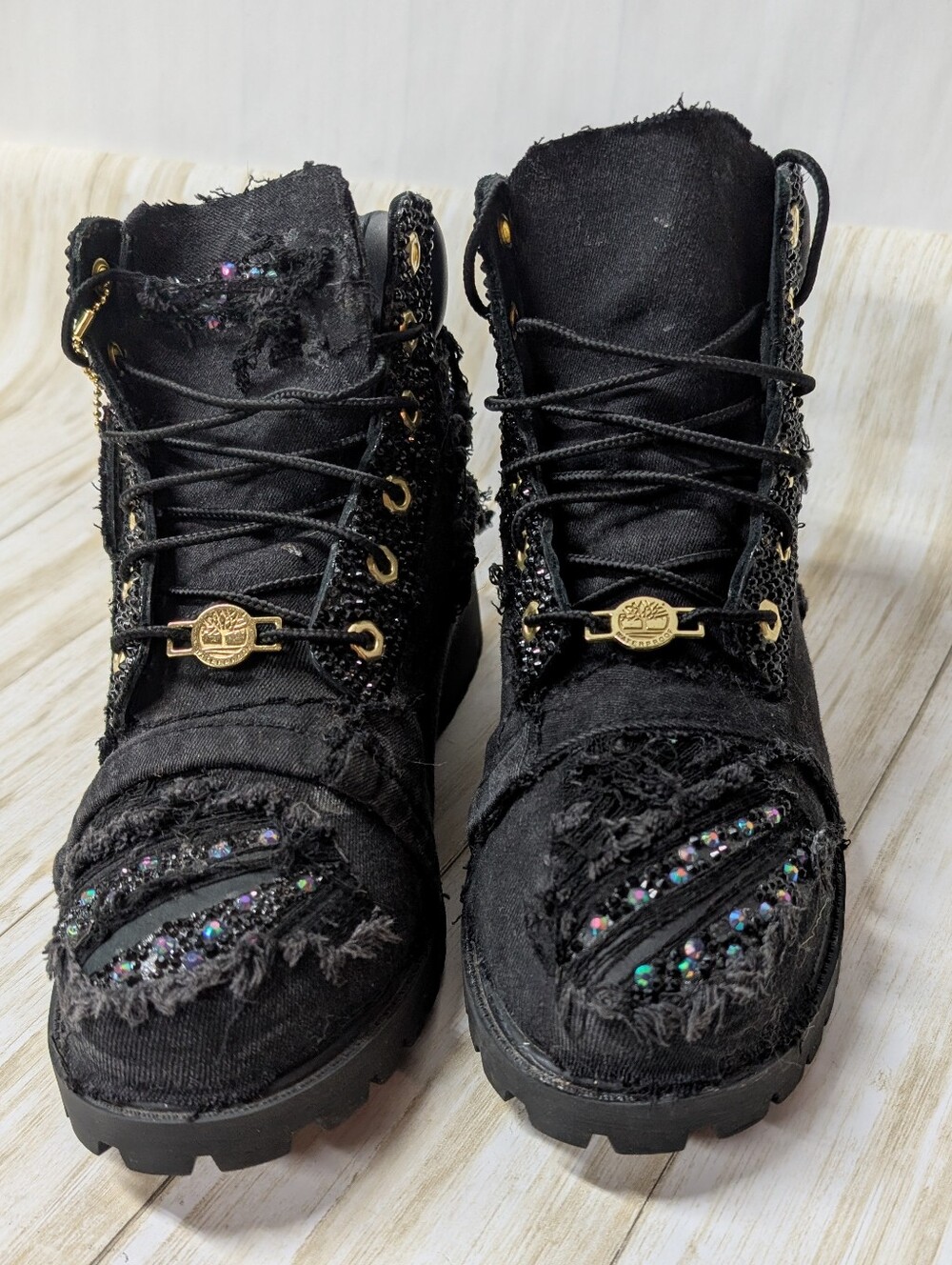 TIMBERLAND Black Leather Custom Distressed Denim Rhinestone Chelsea Sz 6.5